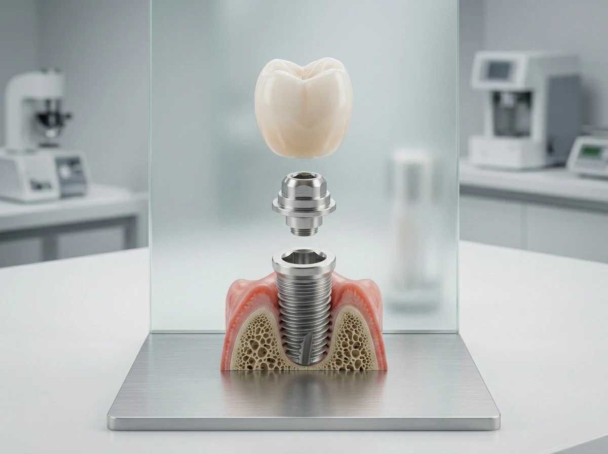 Modelo anatómico 3D detallado mostrando la estructura completa de un implante dental (tornillo de titanio, pilar y corona), ilustrando la tecnología y beneficios del tratamiento en la clínica Dr. Dhenti en Lima.
