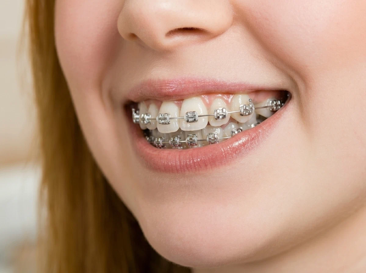 Paciente joven sonriendo de forma natural mostrando su tratamiento de ortodoncia con brackets metálicos tradicionales en la clínica Dr. Dhenti en San Miguel.