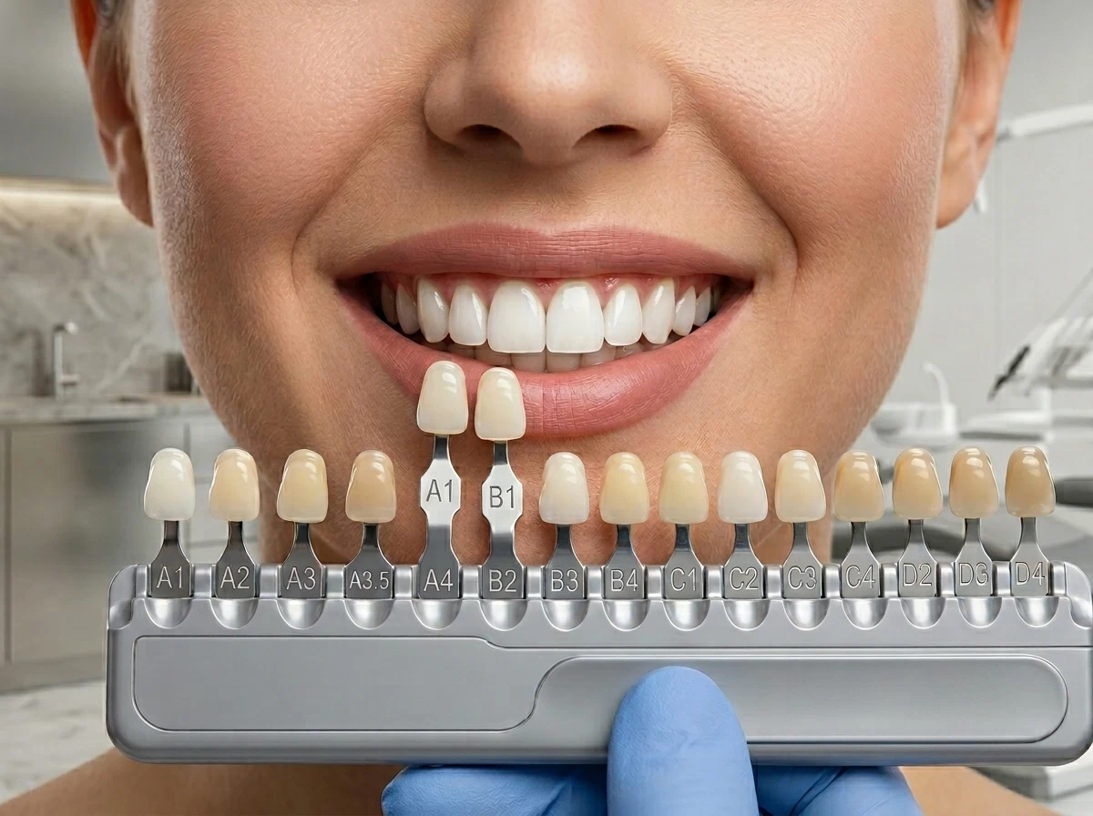 Doctor mostrando una guía de color dental a una paciente sonriente para personalizar su tratamiento de carillas estéticas en la clínica Dr. Dhenti en Lima.