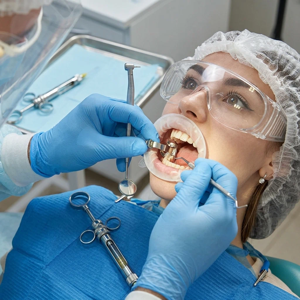 Especialista odontológico realizando un procedimiento seguro de cirugía oral con instrumentos de alta precisión en San Miguel.