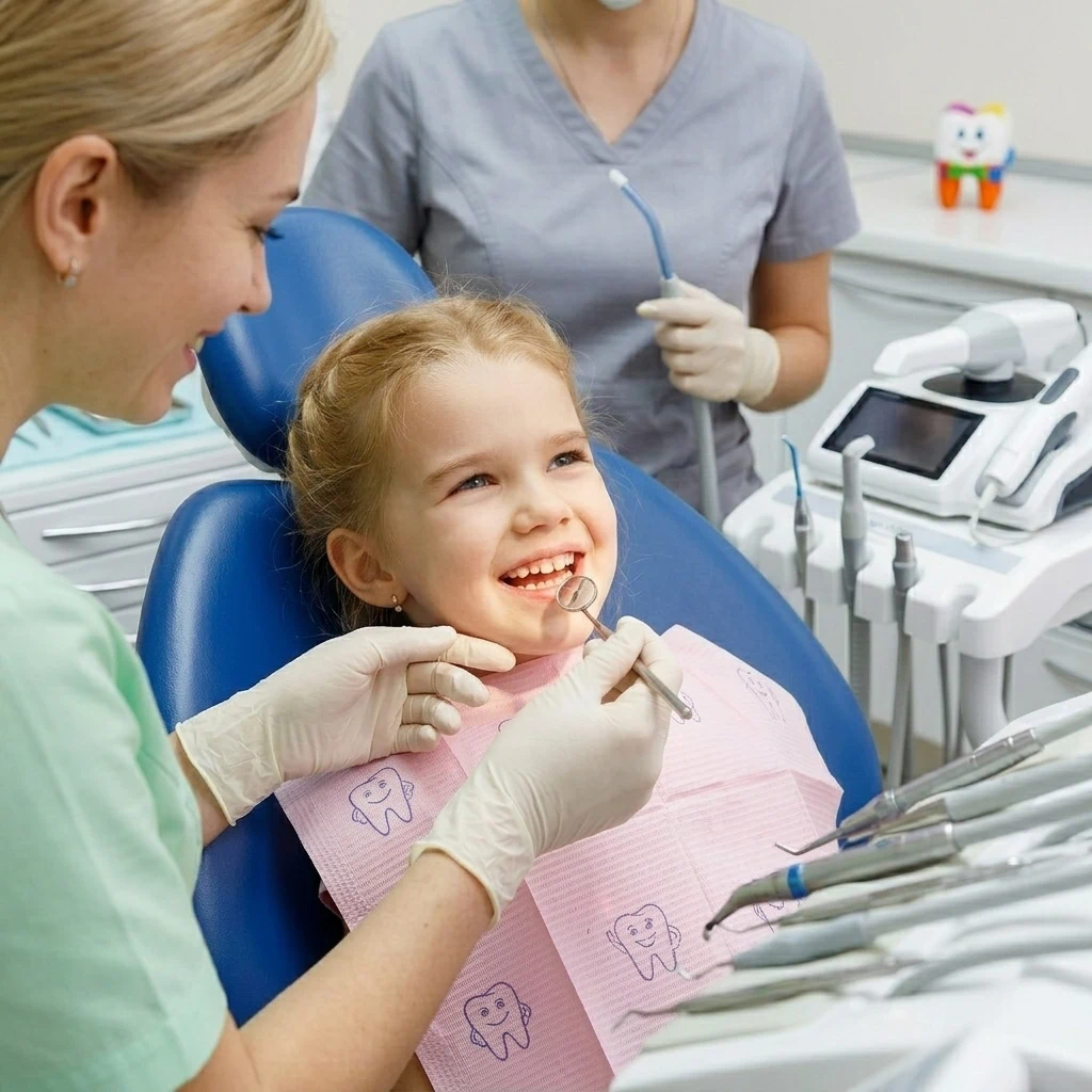 Dentista especialista sonriendo amigablemente a un niño durante una consulta de odontología infantil sin dolor en la clínica Dr. Dhenti en San Miguel, Lima.