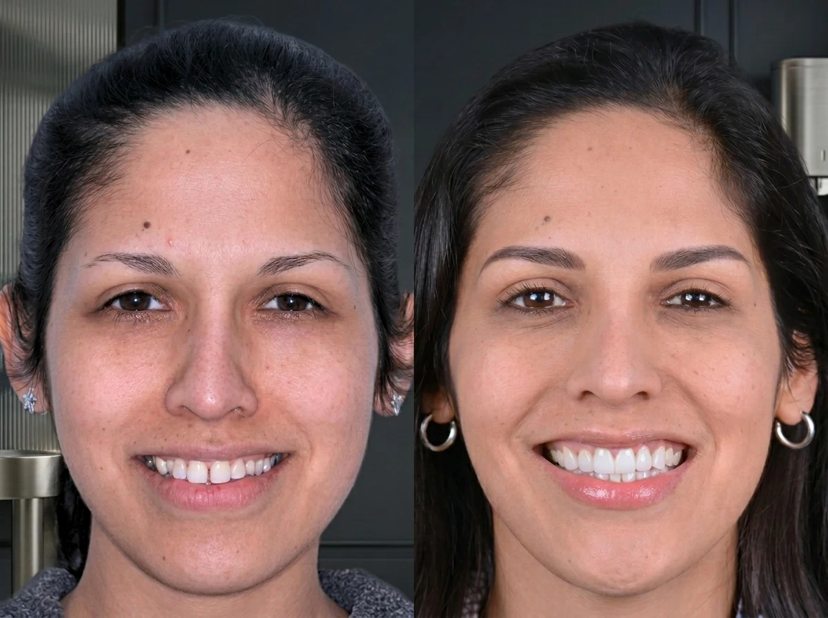 Comparación fotográfica frontal del antes y después de un tratamiento de diseño de sonrisa, mostrando una mejora estética natural e integral en la clínica Dr. Dhenti en Lima.
