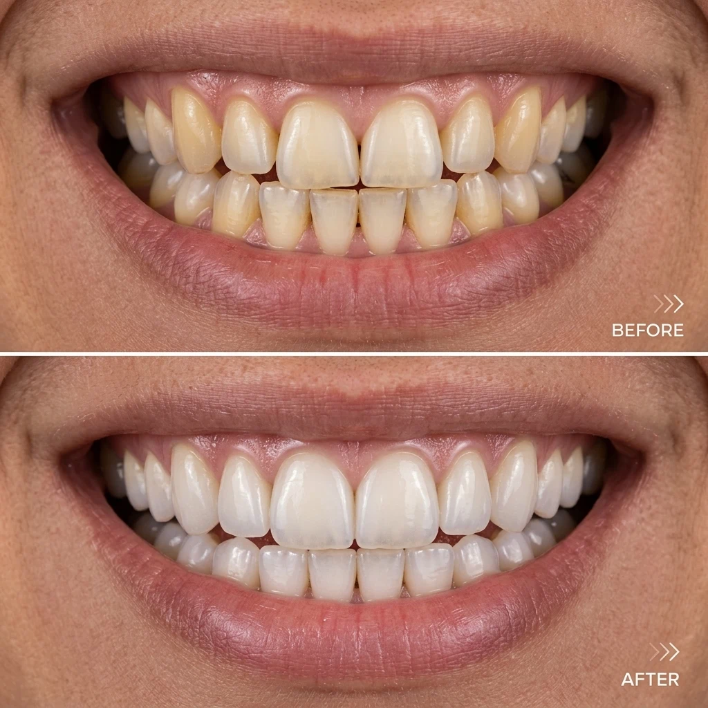 Primer plano de una sonrisa blanca y simétrica mostrando los resultados de un tratamiento de diseño de sonrisa y estética dental en San Miguel.