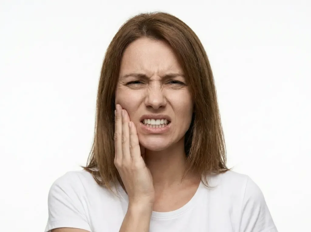 Mujer joven sintiendo dolor agudo por la muela del juicio, buscando atención dental de emergencia en la clínica Dr. Dhenti en San Miguel, Lima.
