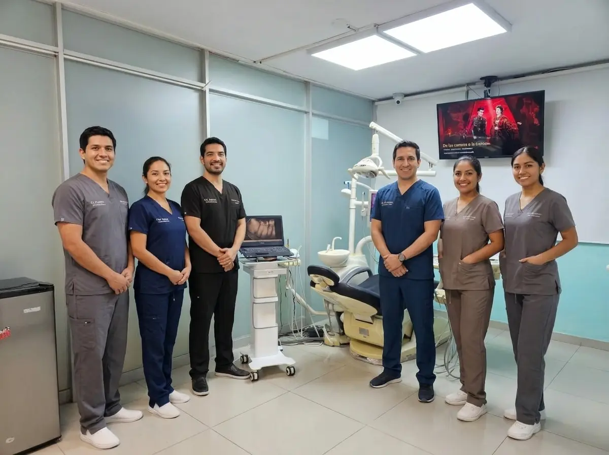 Equipo de dentistas y especialistas de la clínica dental Dr. Dhenti sonriendo dentro de su moderno consultorio equipado en San Miguel, Lima.