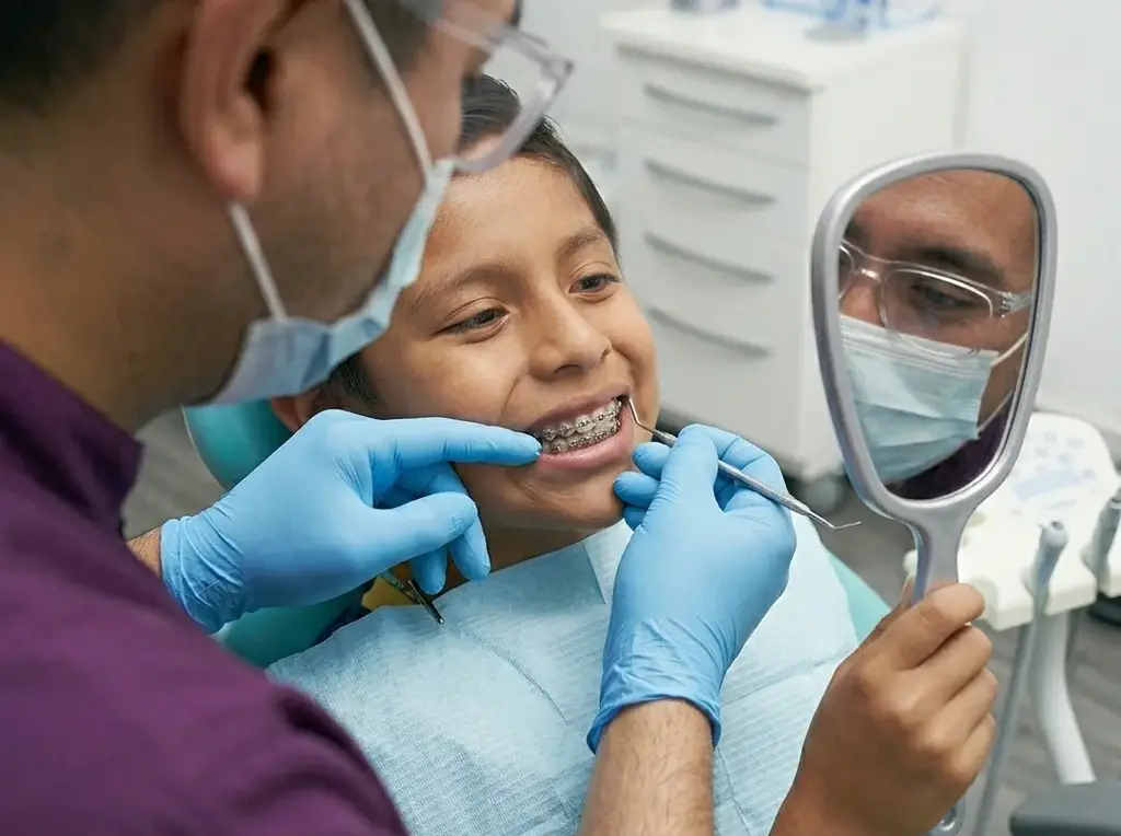 Niño mirando felizmente sus primeros brackets en un espejo dental tras una evaluación de ortodoncia preventiva con su odontólogo.