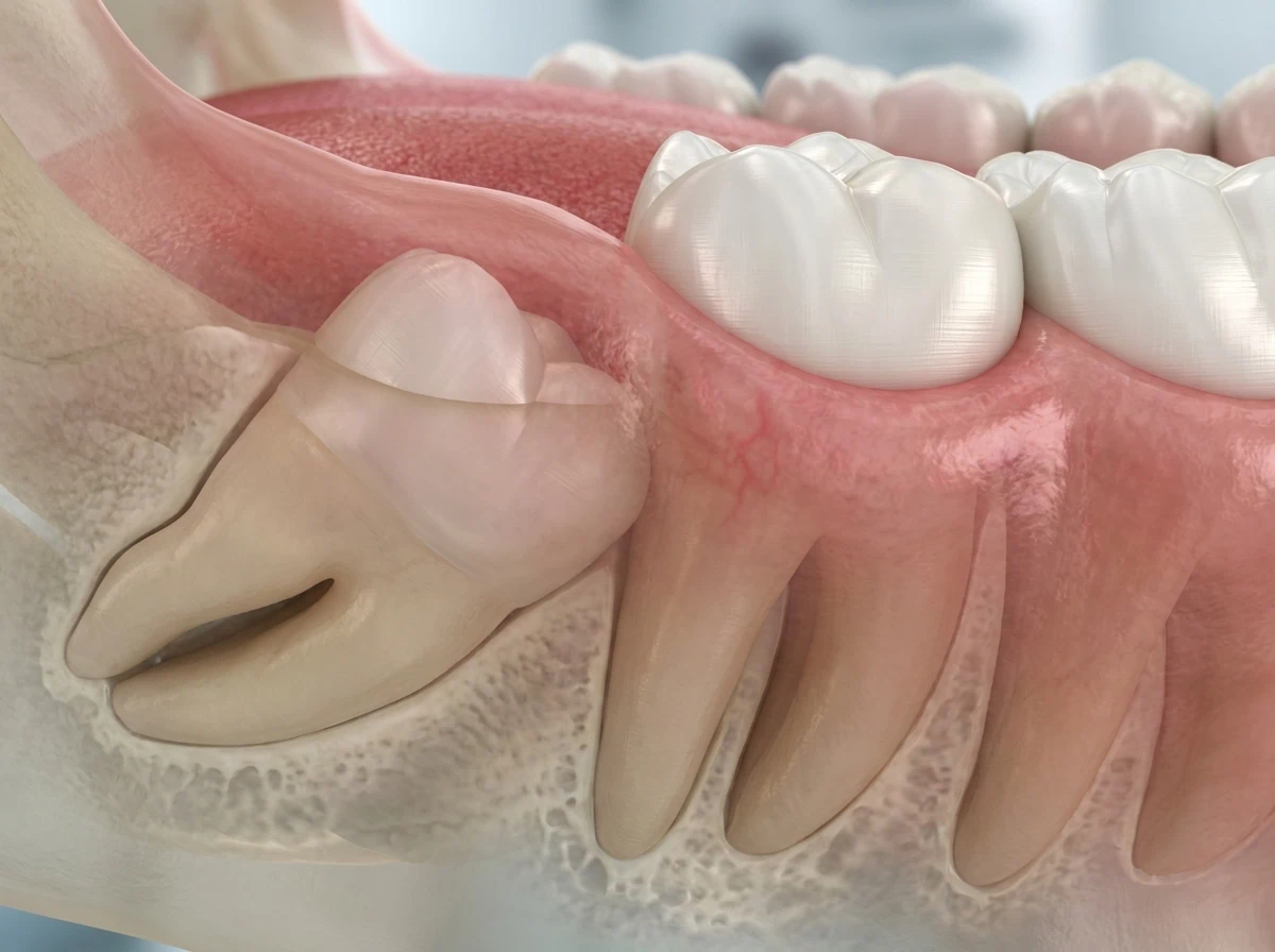 Ilustración 3D médica de una muela del juicio impactada empujando un diente sano, mostrando la necesidad de una extracción segura en la clínica Dr. Dhenti en Lima.