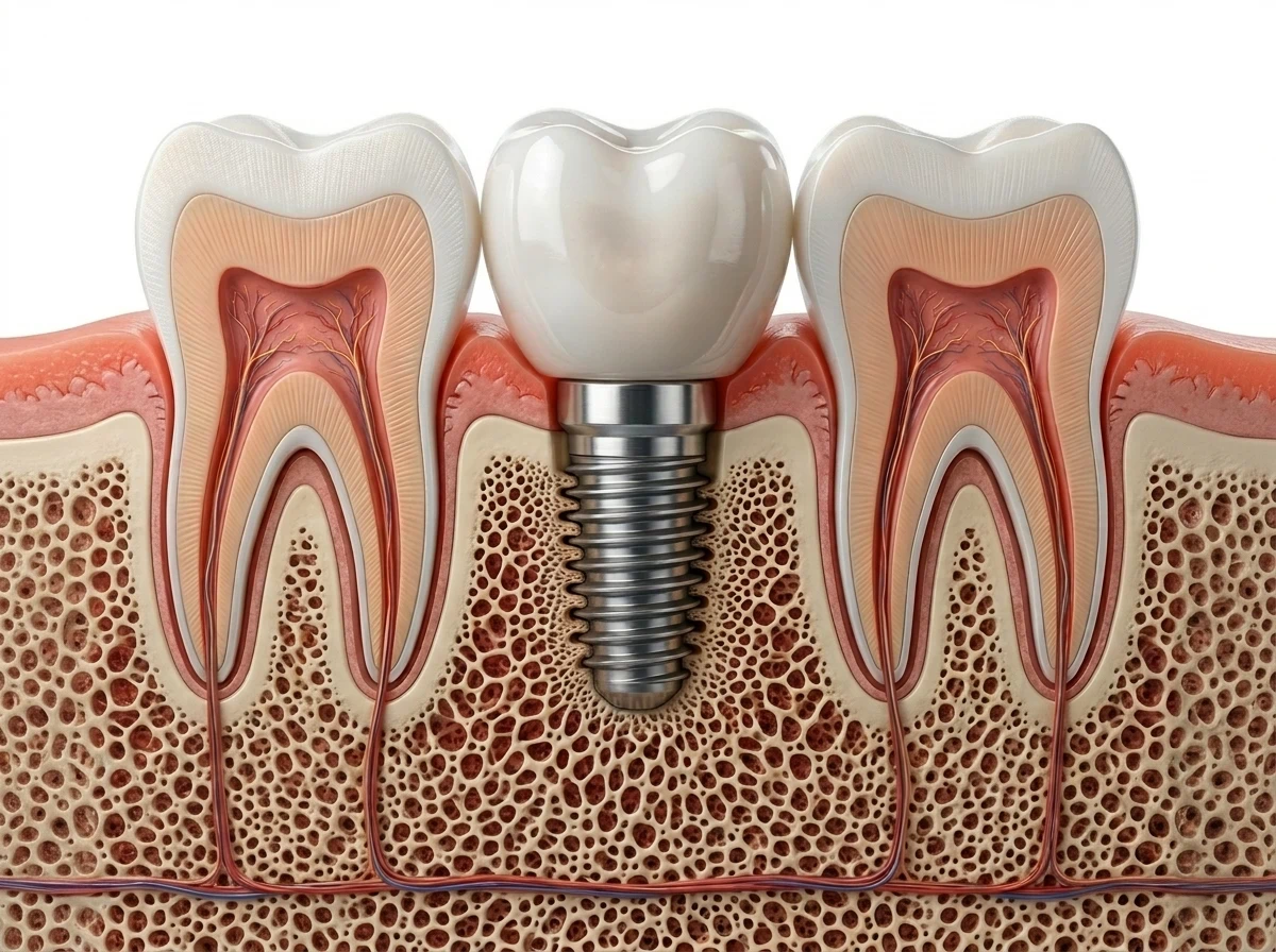 Ilustración médica transversal de un implante dental unitario de titanio integrado en el hueso, colocado de forma independiente entre dos dientes naturales sanos en la clínica odontológica Dr. Dhenti en Lima.