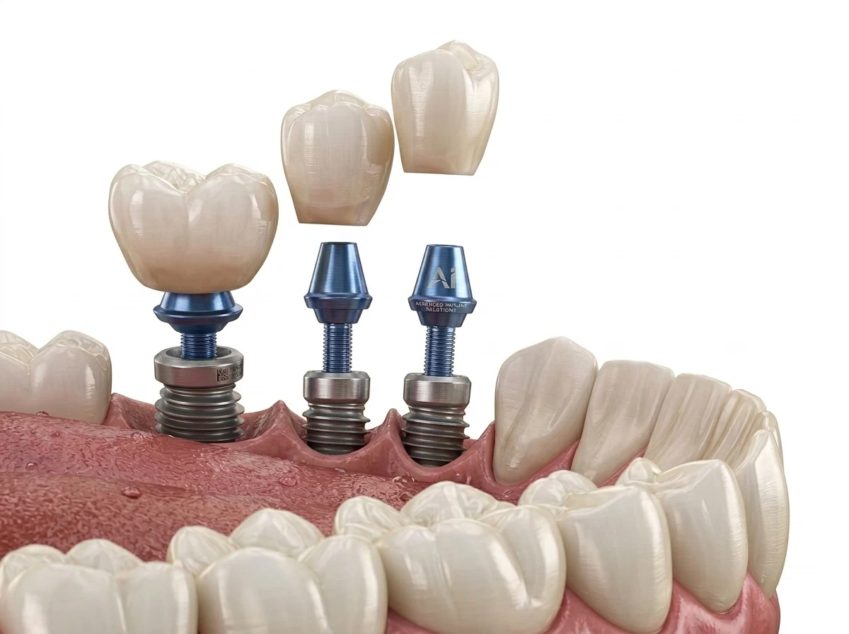 Ilustración 3D de la colocación de múltiples implantes dentales de titanio y coronas estéticas, diseñados para reemplazar varios dientes continuos en la clínica Dr. Dhenti en Lima.