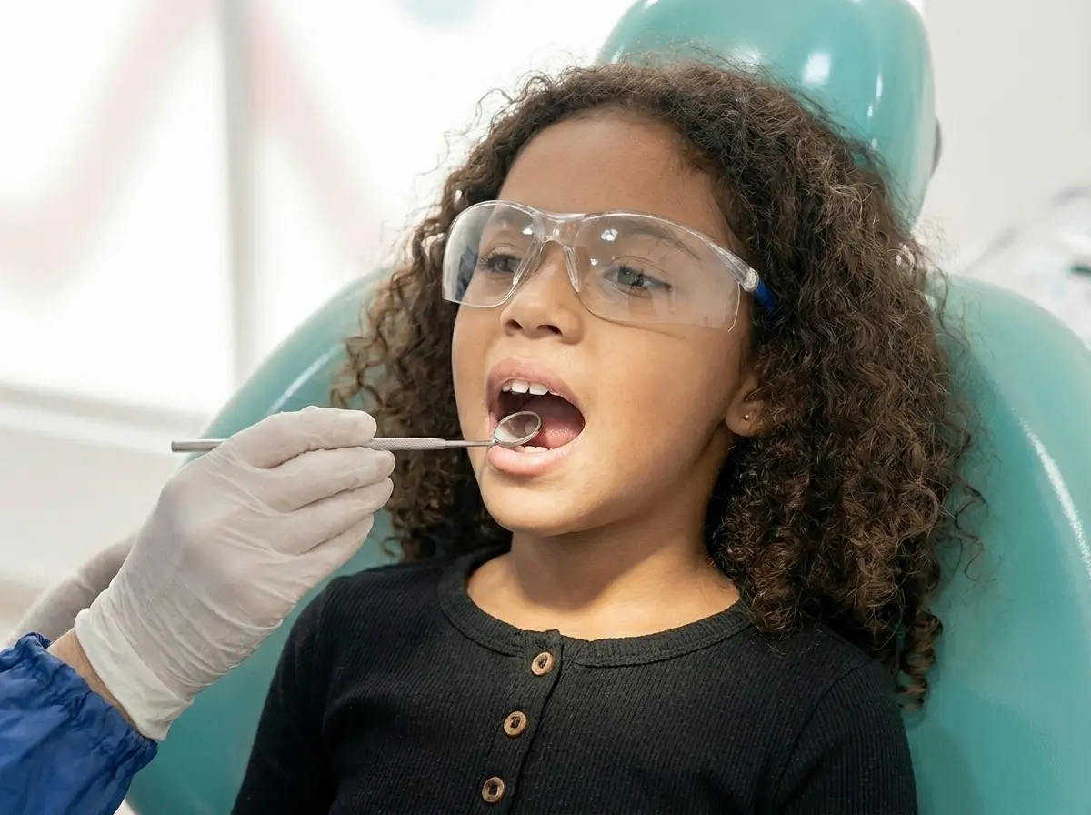 Niña pequeña usando gafas de protección durante un examen dental preventivo y sin dolor en la clínica Dr. Dhenti en Lima.