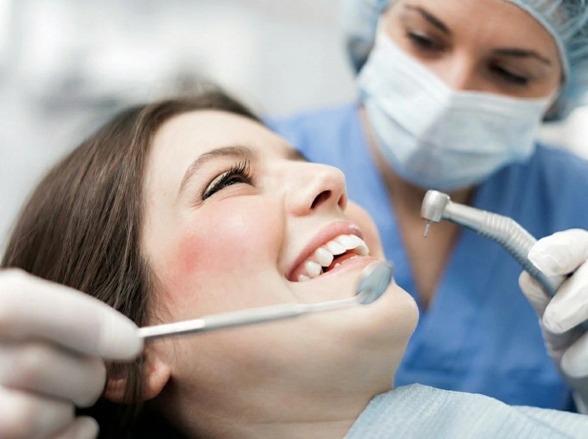 Paciente sonriendo relajada durante una consulta, representando los procedimientos dentales 100% indoloros y libres de estrés en la clínica Dr. Dhenti en Lima.
