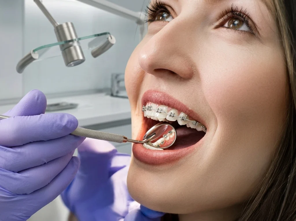 Paciente adulta sonriendo durante una revisión de su tratamiento de ortodoncia con brackets metálicos en la clínica odontológica Dr. Dhenti ubicada en San Miguel.