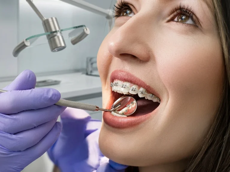 Paciente adulta sonriendo durante una revisión de su tratamiento de ortodoncia con brackets metálicos en la clínica odontológica Dr. Dhenti ubicada en San Miguel.