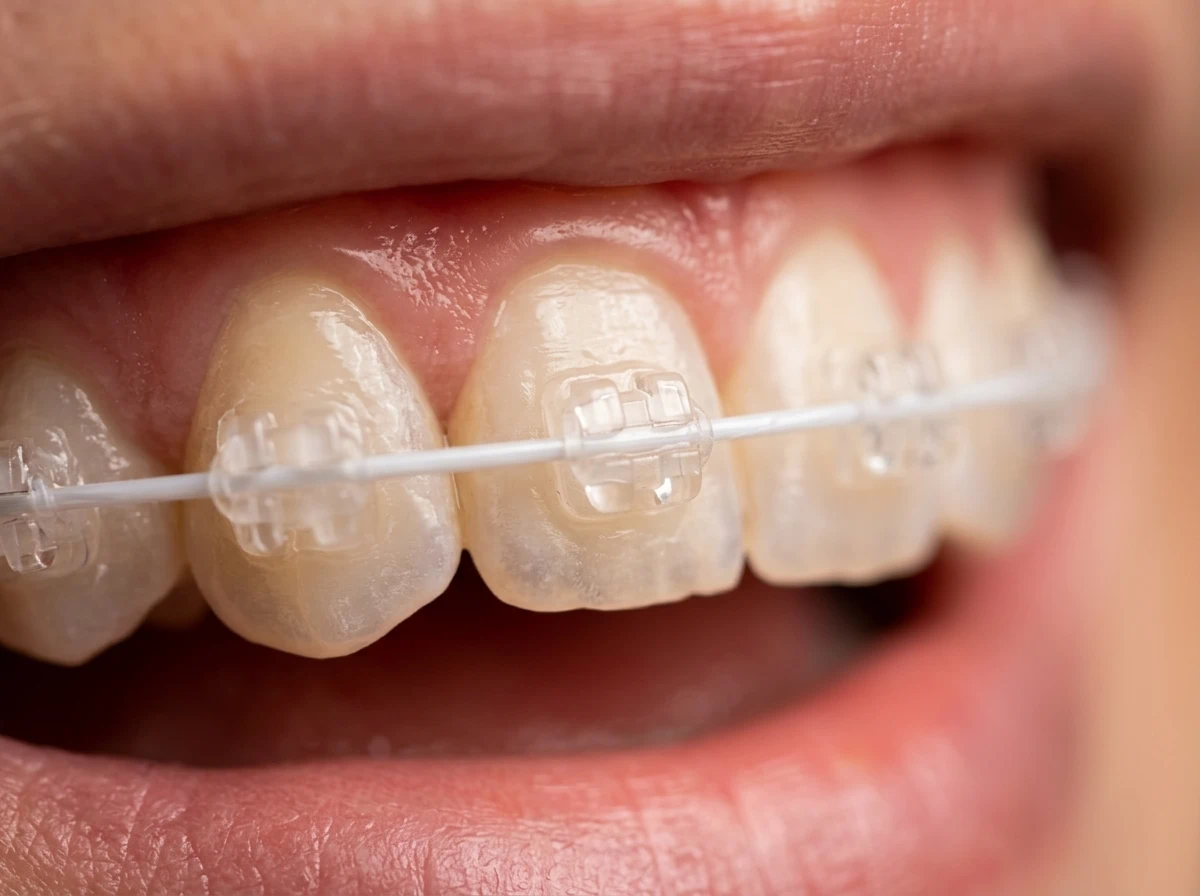 Primer plano detallado de una sonrisa con brackets estéticos transparentes, mostrando un tratamiento de ortodoncia discreto y moderno en la clínica odontológica Dr. Dhenti en San Miguel.