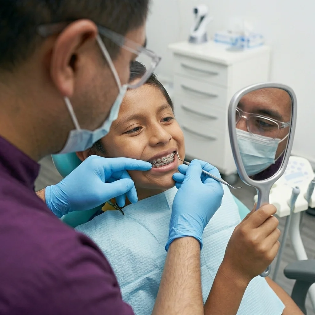 Dentista especialista colocando brackets a un niño sonriente durante su tratamiento de ortodoncia infantil en la clínica Dr. Dhenti, San Miguel.