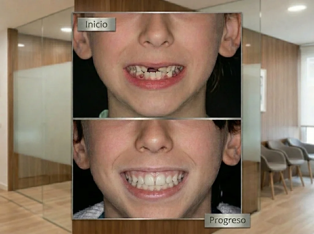 Comparación del inicio y progreso de un tratamiento de ortodoncia infantil en un niño, mostrando la corrección y alineación de los dientes en la clínica Dr. Dhenti en San Miguel.