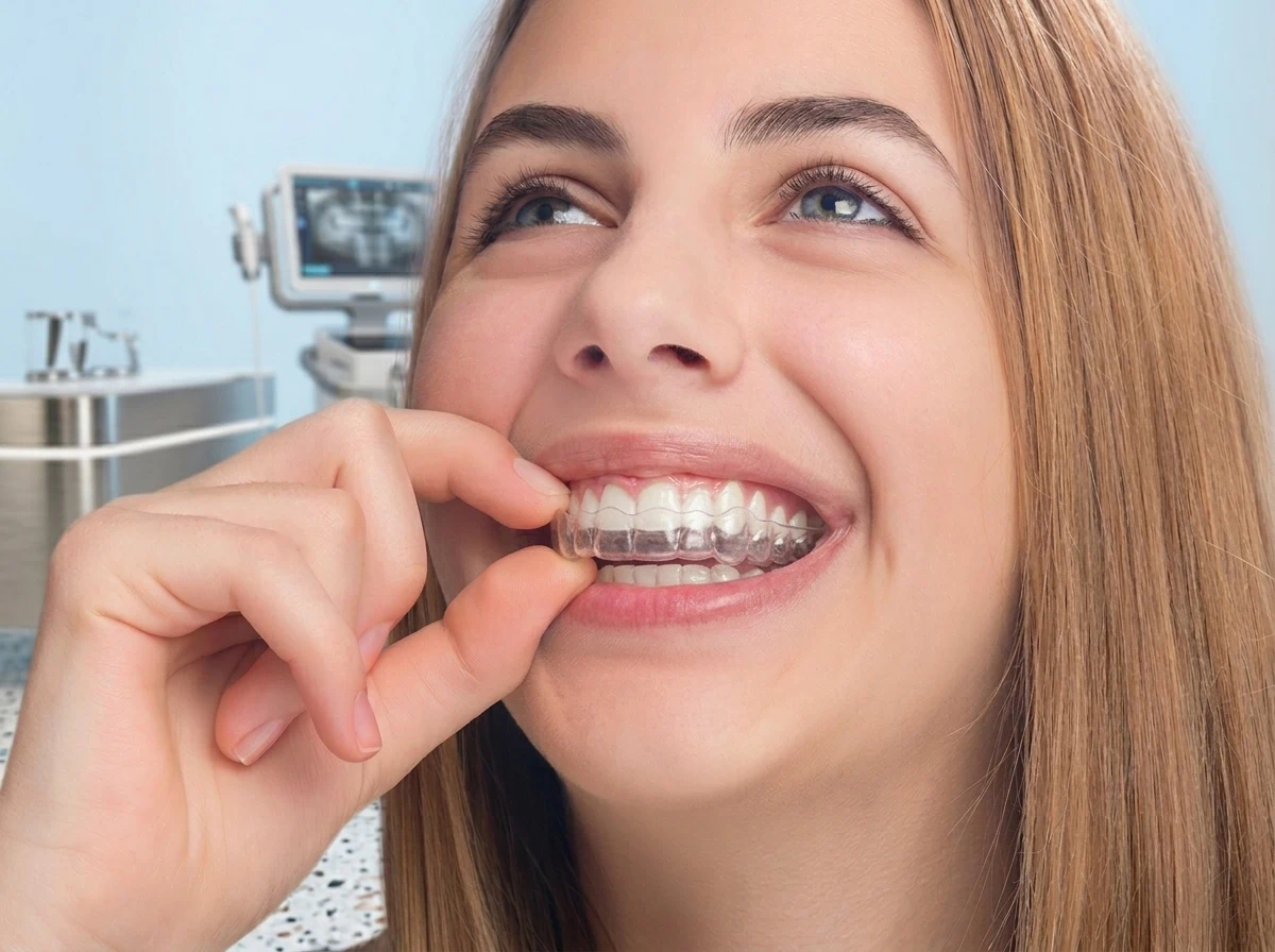 Paciente joven y feliz colocándose un alineador dental transparente, mostrando un tratamiento de ortodoncia invisible, cómodo y estético en la clínica Dr. Dhenti en Lima.