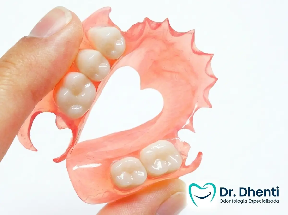 Especialista sosteniendo una prótesis dental removible flexible y estética, sin ganchos metálicos, fabricada a medida en la clínica Dr. Dhenti en Lima.