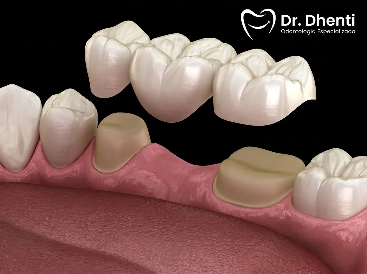 Ilustración 3D de una prótesis dental fija tipo puente de porcelana, mostrando su colocación precisa para restaurar la sonrisa en la clínica Dr. Dhenti en Lima.