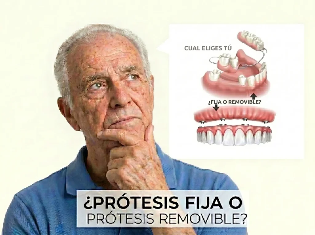 Paciente adulto mayor analizando las diferencias entre una prótesis dental fija y una removible para recuperar su sonrisa en la clínica Dr. Dhenti en San Miguel.