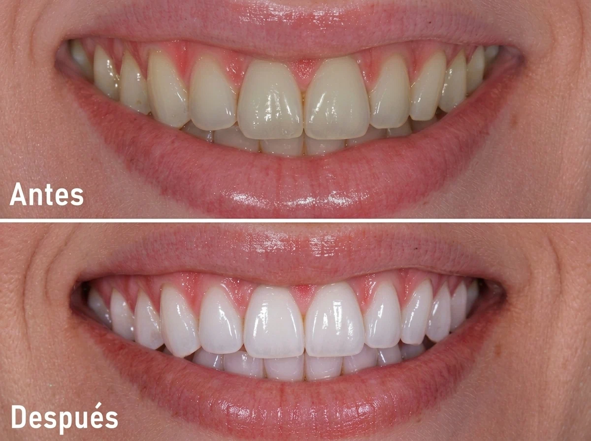Comparación fotográfica del antes y después de un tratamiento de blanqueamiento dental profesional, mostrando una sonrisa notablemente más blanca y luminosa en la clínica Dr. Dhenti en Lima.