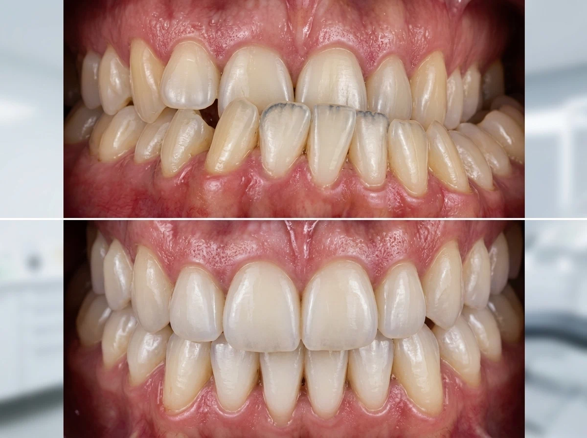 Comparación fotográfica del antes y después de un tratamiento de ortodoncia, mostrando la corrección de la alineación dental y una sonrisa perfecta en la clínica Dr. Dhenti en San Miguel.