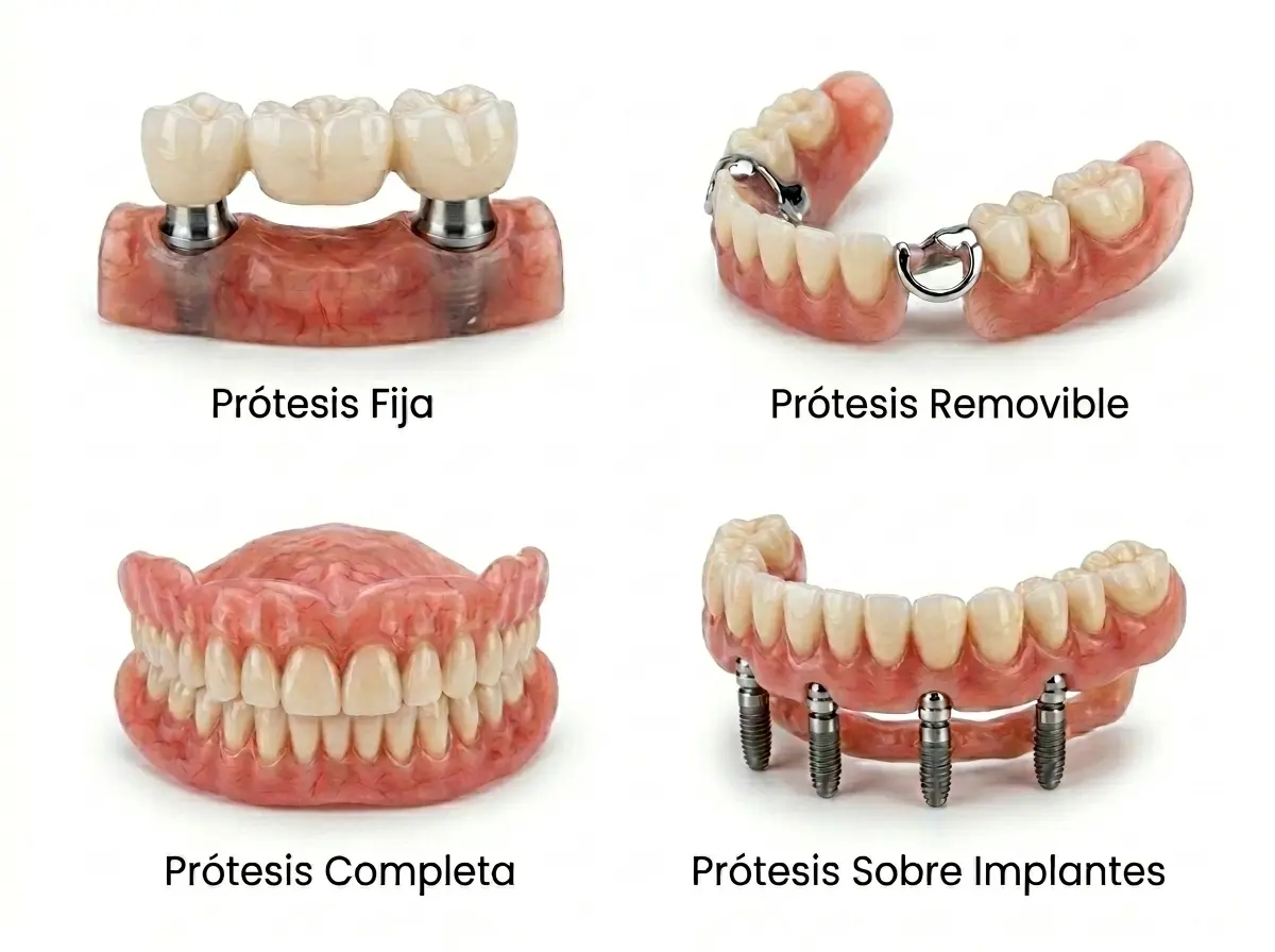 Gráfico explicativo mostrando los tipos de prótesis dentales: fija, removible, completa y sobre implantes, disponibles en la clínica Dr. Dhenti en Lima.