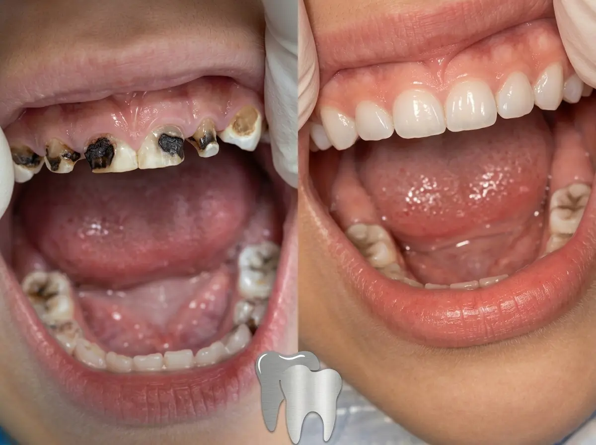 Comparación antes y después de un tratamiento dental para caries severas en niños, mostrando una restauración estética y saludable en la clínica Dr. Dhenti en Lima.